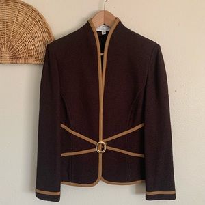St. John Chocolate Blazer Jacket with Tan Leather Piping